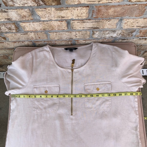 Ellen Tracy 100% Linen 1/4 Zipper Cuffed Short Sleeve Light Tan Tunic Top L - Picture 14 of 15